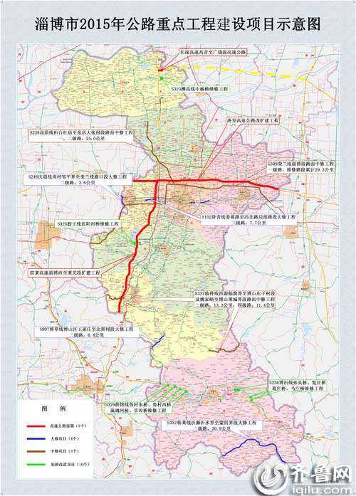 記者從淄博市政府新聞辦公室組織召開的關于全市公路重點工程項目建設情況新聞發(fā)布會獲悉。2015年淄博市將開工建設濟青高速公路改擴建工程、濱萊高速淄博西至萊蕪段擴建工程、長深高速高青至廣饒段，以及普通國省道有7項大中修項目，10座危橋改造項目。